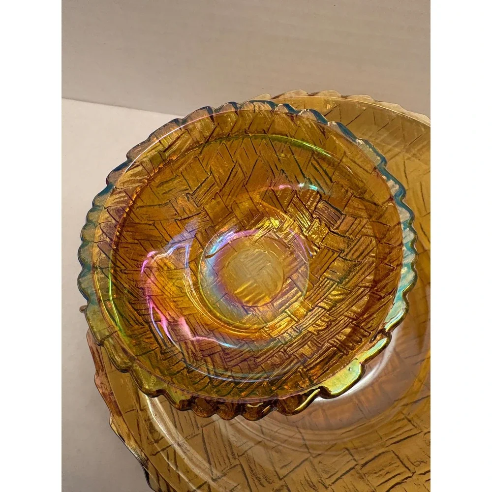 Indiana Glass Amber Tiara Sandwich Carnival Glass Chip and Dip Set 2 Piece‎